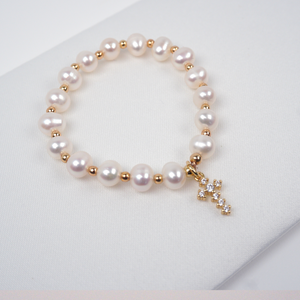Fancy Jeweled Cross Water Pearl Bracelet