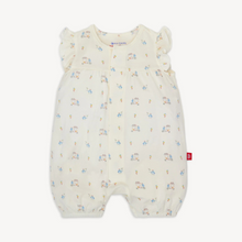 Load image into Gallery viewer, The Penguin Pints Ruffle Sleeve Romper from Magnetic Me combines adorable style with effortless functionality. Crafted from eco-friendly TENCEL™ modal, this romper is silky soft, breathable, and temperature-regulating, ensuring your little one stays comfortable all day. SewSafe™ magnetic closures along the front allow quick, stress-free dressing and changing, perfect for busy parents. Ideal for warm weather, this romper offers a cozy fit with charming ruffle sleeves that add a playful touch to your infant’s
