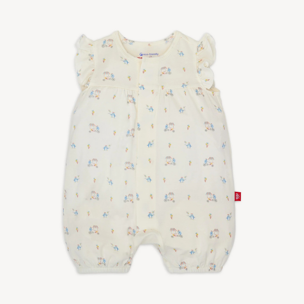 The Penguin Pints Ruffle Sleeve Romper from Magnetic Me combines adorable style with effortless functionality. Crafted from eco-friendly TENCEL™ modal, this romper is silky soft, breathable, and temperature-regulating, ensuring your little one stays comfortable all day. SewSafe™ magnetic closures along the front allow quick, stress-free dressing and changing, perfect for busy parents. Ideal for warm weather, this romper offers a cozy fit with charming ruffle sleeves that add a playful touch to your infant’s