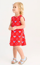Load image into Gallery viewer, Sleeveless Polly Play Dress in Star Spangled Swag is the ultimate warm weather look for every Memorial Day cookout, Fourth of July parade, and backyard bash on the calendar! The A-line silhouette and trim neckline keep things effortlessly put-together, while the 100% Pima Cotton Knit fabric keeps her comfortable and cute no matter how long the festivities run. 
