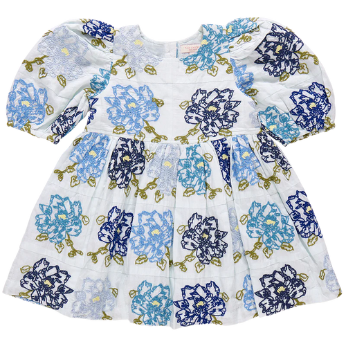 Nice Threads! A patchwork of richly hued blue blossoms are embroidered onto a pure white ground on our Girls Brooke Dress in Blue Quilt Flower Embroidery. Classic design elements include a rounded neck, a three tiered full skirt, ruffle detail at the sleeve and our signature glitter buttons at the back. 