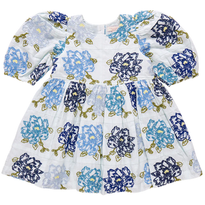 Nice Threads! A patchwork of richly hued blue blossoms are embroidered onto a pure white ground on our Girls Brooke Dress in Blue Quilt Flower Embroidery. Classic design elements include a rounded neck, a three tiered full skirt, ruffle detail at the sleeve and our signature glitter buttons at the back.&nbsp;