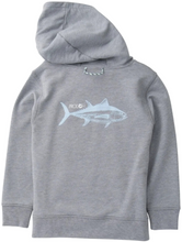 Load image into Gallery viewer, Lightweight hoodie sweatshirt featuring a striking fish graphic on the back. Crafted in Night Owl Heather, a soft light gray that pairs effortlessly with everyday wear. Perfect for layering on cool days or wearing solo for casual comfort. By Prodoh.
