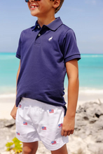 Load image into Gallery viewer, Our Critter Sheffield Shorts are just as practical as they are adorable! Featuring Worth Avenue White twill fabric with American Flag Embroidery and Richmond Red Stork, these are a must-have for Memorial Day and July 4th! Pair with the Prim &amp; Proper Navy Polo for the perfect look!!
