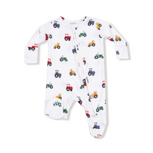 Load image into Gallery viewer, Mini Tractors 2 Way Zipper Footie from Angel Dear. The Signature zipper footie&nbsp;makes changing your baby a Snap! (or as we like to say a Zip!) Super soft viscose from bamboo fabric and Angel Dear&#39;s signature prints will keep the oohs and aahs a- coming.

