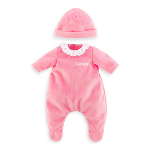 Keep her 12" doll snug and stylish with this cozy pink pajama set and matching cap, designed by Corolle Dolls.