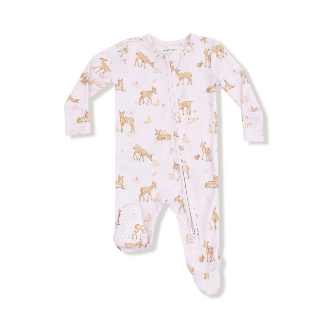 Dress your little one in cozy charm with the Little Fawn 2 Way Zipper Footie by Angel Dear. Its soft pink background adorned with sweet fawn and bunny prints creates a gentle, playful look. The ruffled back adds a delicate, feminine detail that makes this footie truly special. Designed for comfort and ease, the two-way zipper ensures quick diaper changes. Perfect for keeping your baby snug and stylish all day long.