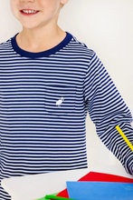 Load image into Gallery viewer, Your little gent will love our adorable + practical Long Sleeve Carter Crewneck. Featuring Barrington Blue and Nantucket Navy Stripe with Worth Avenue White Stork, this will certainly be a staple in his wardrobe!
