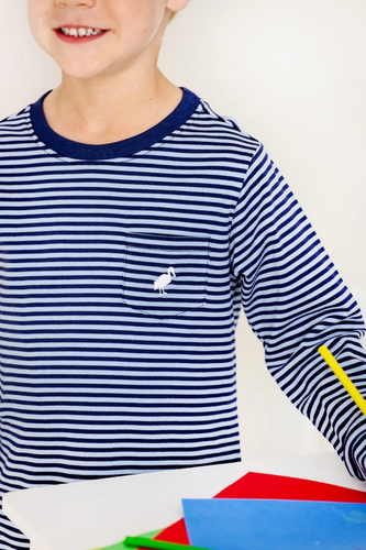 Your little gent will love our adorable + practical Long Sleeve Carter Crewneck. Featuring Barrington Blue and Nantucket Navy Stripe with Worth Avenue White Stork, this will certainly be a staple in his wardrobe!