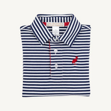 Load image into Gallery viewer, Our Long Sleeve Prim and Proper Polo &amp; Onesie in Nantucket Navy Stripe with Richmond Red Stork is a must-have for this fall season. He can dress it up or dress it down while looking so handsome!
