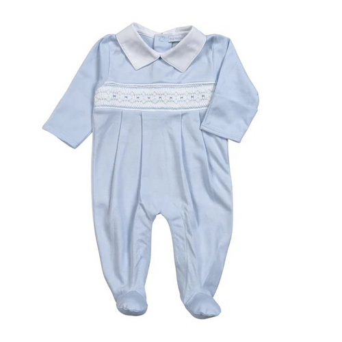 Dress your baby boy in the Blue Classic Hand Smocked Pima Footie by Baby Loren, featuring a delicate white Peter Pan collar and exquisite hand-smocked embroidery. Crafted from soft pima cotton, this light blue footie offers gentle comfort and timeless style—ideal for welcoming him home or capturing unforgettable first photos.