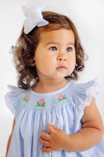 Load image into Gallery viewer, An enchanting classic for your little one! The Bridget Bubble in Buckhead Blue with Hydrangea Smocking creates a sweet silhouette perfect for spring days and special occasions. Crafted with quality construction and attention to detail, this bubble is designed for style that will last all season long.
