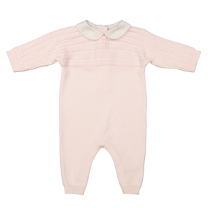 Girls Cable Knit Longall Pink- A precious outfit for your precious baby. It features raglan sleeves in a cable knit design, and ribbed cuffs along the sleeves and legs. Check out the sweet little peter pan collar, with darling hand made bullions lining the edges. Opens with snaps along the crotch for convenient changing. This knit longall is sure to become a family favorite!