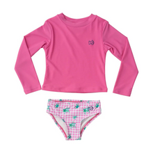 Load image into Gallery viewer, PRODOH Girls Reef Rashguard Swim Set in Fuchsia Pink Top and Pink Gingham Turtle Print is a classic swim style for active girls who love adventure and that coastal lifestyle! Pill and fade resistant to last several seasons so you&#39;ll be able to pass down to others...keeping your outdoor traditions alive. Share your captured #PRODOHmoments with us on Instagram @prodohkids.

UPF 50+ 82% Nylon 18% Spandex
100% Polyester Lining
Pill and Fade Resistant
Rashguard Swim Shirt and Bikini Bottom
Designed in USA and Im
