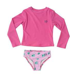 PRODOH Girls Reef Rashguard Swim Set in Fuchsia Pink Top and Pink Gingham Turtle Print is a classic swim style for active girls who love adventure and that coastal lifestyle! Pill and fade resistant to last several seasons so you'll be able to pass down to others...keeping your outdoor traditions alive. Share your captured #PRODOHmoments with us on Instagram @prodohkids.

UPF 50+ 82% Nylon 18% Spandex
100% Polyester Lining
Pill and Fade Resistant
Rashguard Swim Shirt and Bikini Bottom
Designed in USA and Im