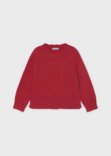 Load image into Gallery viewer, Introduce your daughter to timeless elegance with this Girls Scallop Hem Sweater from Mayoral. Crafted in a classic red hue, this piece combines everyday wearability with feminine charm. The signature scalloped hemline adds a whimsical touch that sets it apart—perfect for layering over collared shirts or pairing with school uniforms. Ideal for girls and tweens seeking a versatile staple that bridges casual and dressy occasions.
