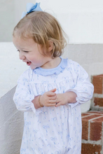 Load image into Gallery viewer, The Girls Blue Bows Knit Lila Long Bubble from James &amp; Lottie is a cozy and charming knit romper perfect for cooler fall days. Featuring a delicate blue bow print and elegant ruffle details, it effortlessly combines comfort with style. This long romper keeps your little one warm while adding a sweet, playful touch to her seasonal wardrobe.
