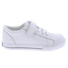 Load image into Gallery viewer, Footmates Reese White Leather Sneaker- Leather blucher oxford vulcanized sneaker featuring hook-and-loop closure and decorative elasticized false-laces.
Custom Fit System – Removable,&nbsp;dual&nbsp;insoles in Medium and Wide provided for customized fitting.
Roomy Toe Box – Allows tiny toes room to breathe and splay naturally during walking, enhancing balance and reducing rubbing, friction, and moisture.
Arch Support – Shoe last and insole designed to provide proper arch support for developing feet.
Firm He
