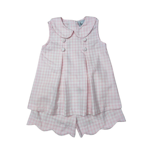 Elevate your toddler girl's wardrobe with our charming Pink Check Pleat Collar Scallop Short Set from Delaney. Sweet pleats, delicate peter pan collar, and soft pink and white gingham pattern make it a perfect addition to any occasion. Classic, yet stylish, it's a must-have for your little one! Matching sister dress and bubble!