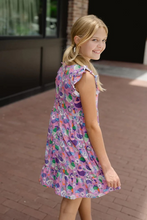 Load image into Gallery viewer, Elevate your little one&#39;s style with the Girls Sophia Dress in Lilac. Crafted by Briton Court, this charming dress features a whimsical hen and rooster print and playful ruffle sleeves. Made with 100% cotton, it&#39;s both comfortable and stylish for any occasion. Machine washable for easy care.
