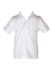 Load image into Gallery viewer, Introducing the Boys Patrick Polo in White from The Yellow Lamb. This classic white polo is the perfect addition to your child&#39;s Spring and Summer wardrobe. With its timeless style and versatile pairing options, it&#39;s a must-have for any young fashionista. Stay stylish and comfortable with this essential piece.
