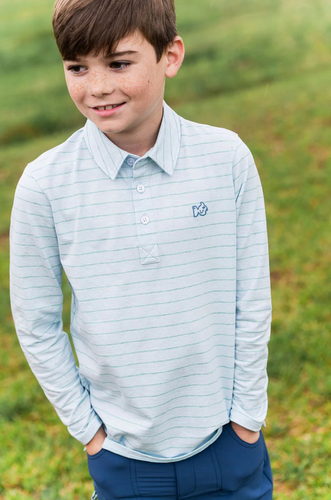 Meet your new favorite classic: the Boys Long Sleeve Ice Water Blue Cotton Polo. Designed from a premium blend of cotton and spandex for all-day comfort and just the right amount of stretch. Whether he's headed to church, school, or the golf course with Dad, this polo allows him to look polished and playful at the same time. Plus, it's proudly made in Peru, known for its high-quality cotton production.