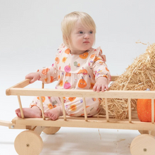 Load image into Gallery viewer, Infant Girls Autumn Pumpkins Romper features playful pumpkins Your little one will be all smiles in the Infant Girls Autumn Pumpkins Romper, made from bamboo! Featuring playful ruffle sleeves and an easy, breezy fit, it’s perfect for everyday adventures, from playdates to nap time snuggles.
