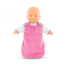 Load image into Gallery viewer, Meet the perfect bedtime companion for little ones! The Corolle Mini Calin Good Night Blossom Garden Set features an adorable 8-inch soft-bodied baby doll dressed in sweet pajamas, complete with a cozy sleeper bag for pretend sleepovers. This charming set includes a soft onesie and wraparound blanket, encouraging imaginative nurturing play. Ideal for children 18 months and up.
