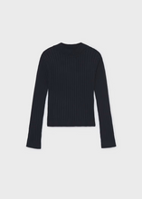 Load image into Gallery viewer, Girls Mock Neck Sweater in Midnight — a timeless ribbed essential designed to layer and transition seamlessly through every season. The clean mock neck silhouette works beautifully on its own or paired underneath the Girls Swing Back Sweater Vest for added depth and warmth. Crafted by Mayoral with quality construction that holds its shape, this versatile piece becomes a go-to staple in any girl's everyday wardrobe.
