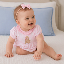 Load image into Gallery viewer, Celebrate every tiny moment in the Puppy Appliqué Bubble by Magnolia Baby. Crafted from soft Pima cotton, its pink check pattern and delicate ruffles create an irresistible charm, while the sweet puppy appliqué sparks joy with every cuddle. Isn’t this the perfect outfit to brighten their day?
