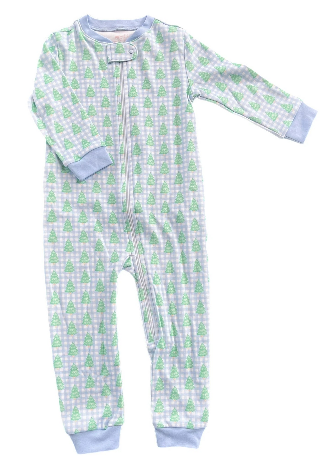Dress your little one in festive comfort with these charming Infant Blue Gingham Christmas Tree Zip Up Jammies from James & Lottie. Featuring a cheerful blue and white gingham pattern adorned with vibrant green Christmas trees, these cozy pajamas bring holiday magic to bedtime. The convenient zip-up design makes diaper changes and bedtime routines effortless, while the playful seasonal print ensures your baby looks adorable in every family photo. Perfect for creating matching sibling moments during the 