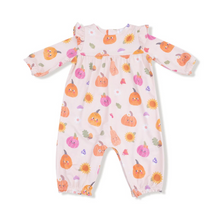 Load image into Gallery viewer, Infant Girls Autumn Pumpkins Romper features playful pumpkins Your little one will be all smiles in the Infant Girls Autumn Pumpkins Romper, made from bamboo! Featuring playful ruffle sleeves and an easy, breezy fit, it’s perfect for everyday adventures, from playdates to nap time snuggles.

