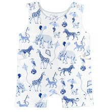 Load image into Gallery viewer, Jon Jons are a precious and playful option for busy little boys that need freedom to move around while looking adorable at the same time! Be the most stylish one at the party or playground with our blue chinoiserie safari print!
