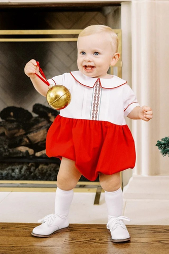 Infant Boys Angelica Bubble from The Proper Peony. Traditional white and red for Christmas is always a proper selection! Hand-embroidered accents are sophisticated and classic.
