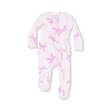 Load image into Gallery viewer, Pretty Bows 2 Way Zipper Footie from Angel Dear. This Ruffle Back Zipper Footie&nbsp;makes changing your baby a snap! (Or as we like to say, a zip!) Made with luxuriously soft ribbed modal fabric and adorned with Angel Dear&#39;s signature prints, this footie brings endless oohs, aahs, and smiles. And the sweetest surprise? An adorable ruffle back detail for extra charm!
