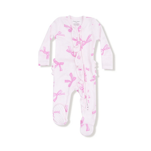 Pretty Bows 2 Way Zipper Footie from Angel Dear. This Ruffle Back Zipper Footie makes changing your baby a snap! (Or as we like to say, a zip!) Made with luxuriously soft ribbed modal fabric and adorned with Angel Dear's signature prints, this footie brings endless oohs, aahs, and smiles. And the sweetest surprise? An adorable ruffle back detail for extra charm!