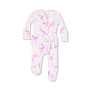 Pretty Bows 2 Way Zipper Footie from Angel Dear. This Ruffle Back Zipper Footie&nbsp;makes changing your baby a snap! (Or as we like to say, a zip!) Made with luxuriously soft ribbed modal fabric and adorned with Angel Dear's signature prints, this footie brings endless oohs, aahs, and smiles. And the sweetest surprise? An adorable ruffle back detail for extra charm!