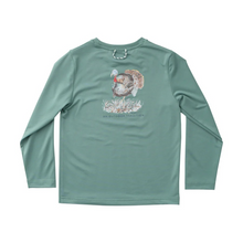 Load image into Gallery viewer, Let your little explorer embrace An Outdoor Tradition in this Kid&#39;s Pro Performance Long Sleeve T-shirt in Green Spruce with Turkey Gobbler. Whether he&#39;s heading out for a day of turkey scouting or simply playing outside, this kids performance t-shirt is built for adventure. Featuring an eye-catching hand-painted turkey graphic on the back, making it a favorite for photos and everyday wear. A must have for moms looking for quality outdoor kids wear.
