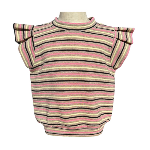 The Olivia Flutter Top in Stripes offers a charming blend of classic style and playful design with its delicate flutter cap sleeves. Its versatile striped pattern pairs effortlessly with a black shimmer tiered skirt for a refined look or with jeans for casual fall days. Elevate your child’s wardrobe with this effortlessly stylish and comfortable top that adapts to both everyday wear and special occasions.