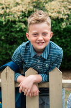 Load image into Gallery viewer, Meet your new favorite classic: the Boys' Long Sleeve Cotton Polo in Tapestry Blue and Mist Green Stripe. Designed from a premium blend of cotton and spandex for all-day comfort and just the right amount of stretch. Whether he's headed to church, school, or the golf course with Dad, this polo allows him to look polished and playful at the same time.
