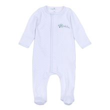 Load image into Gallery viewer, Soar into comfort with this charming Take Flight Embroidered Footie from Magnolia Baby. Crafted from sumptuous Pima cotton, this all-day essential wraps your little one in softness while delicate airplane embroidery dances across a subtle minidots background. Finished with an elegant picot trim, it's the perfect blend of whimsy and sophistication—ideal for playtime, naptime, or any moment in between. Give your child the gift of cozy luxury that feels as wonderful as it looks
