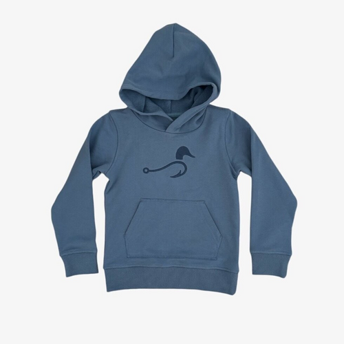Stay comfy and stylish in our terry hoodie pullover from Buck Brothers Clothing & Co., featuring a soft, breathable fabric and a classic kangaroo pocket for added functionality. The hoodie is elevated with our new fish hook and duck embroidery. Perfect for everyday wear, this pullover combines comfort and style for your little one's adventures.