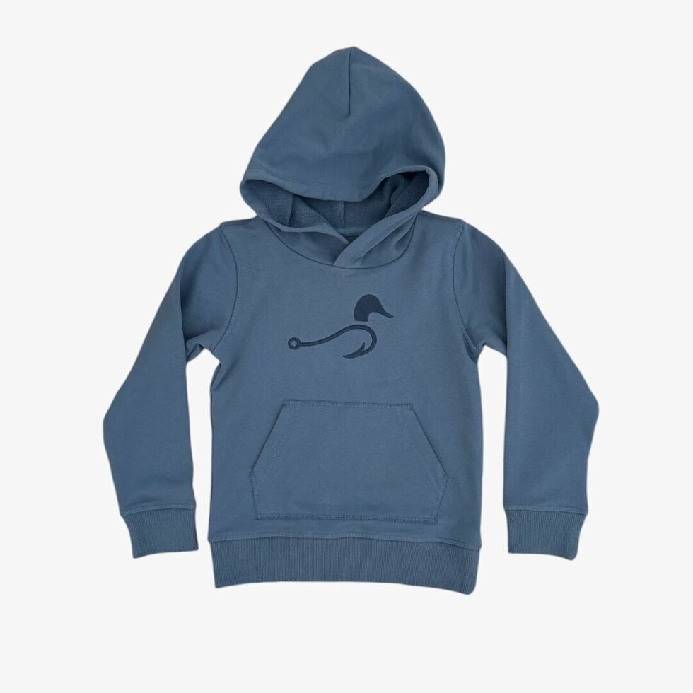 Stay comfy and stylish in our terry hoodie pullover from Buck Brothers Clothing & Co., featuring a soft, breathable fabric and a classic kangaroo pocket for added functionality. The hoodie is elevated with our new fish hook and duck embroidery. Perfect for everyday wear, this pullover combines comfort and style for your little one's adventures.