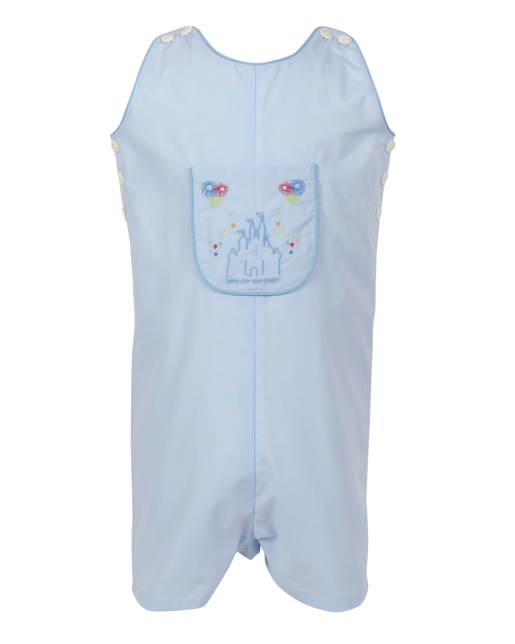 Our classic Berkeley jon jon in light blue with here for the magic embroidery design, piping accents and extra buttons on shoulder straps for sizing options.