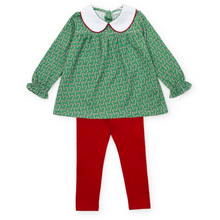Load image into Gallery viewer, Dress your little one in festive charm with the Morgan Set Girls&#39; Legging Set - Candy Cane Lane by Lila &amp; Hayes. This playful outfit features a green tunic adorned with a whimsical candy cane print and a classic Peter Pan collar, perfectly paired with vibrant red leggings. Designed for comfort and style, this set brings joyful holiday spirit to any occasion while allowing your child to move and play freely. Make holiday moments memorable with this delightful ensemble.
