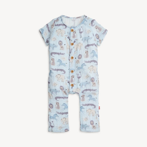 Bring on the warmer temps with this Infant Boy's Jungle Jazz cotton gauze romper, made with magnetic closures that line the front to ensure quick and quiet changes. Made from soft, breathable cotton gauze, our jumpsuit is designed to keep baby cool on warm, and even the hottest, summer days. Cute faux buttons are added to make this laidback playwear essential look put together.

Cotton crinkle gauze: three layers woven to create light-as-air softness + ultimate breathability. 
SewSafe™ magnetic closure