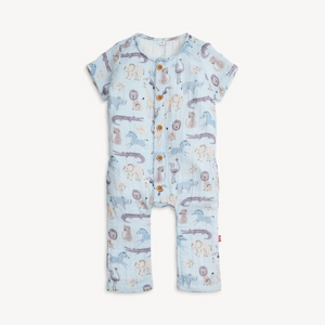 Bring on the warmer temps with this Infant Boy's Jungle Jazz cotton gauze romper, made with magnetic closures that line the front to ensure quick and quiet changes. Made from soft, breathable cotton gauze, our jumpsuit is designed to keep baby cool on warm, and even the hottest, summer days. Cute faux buttons are added to make this laidback playwear essential look put together.

Cotton crinkle gauze: three layers woven to create light-as-air softness + ultimate breathability.&nbsp;
SewSafe™ magnetic closure