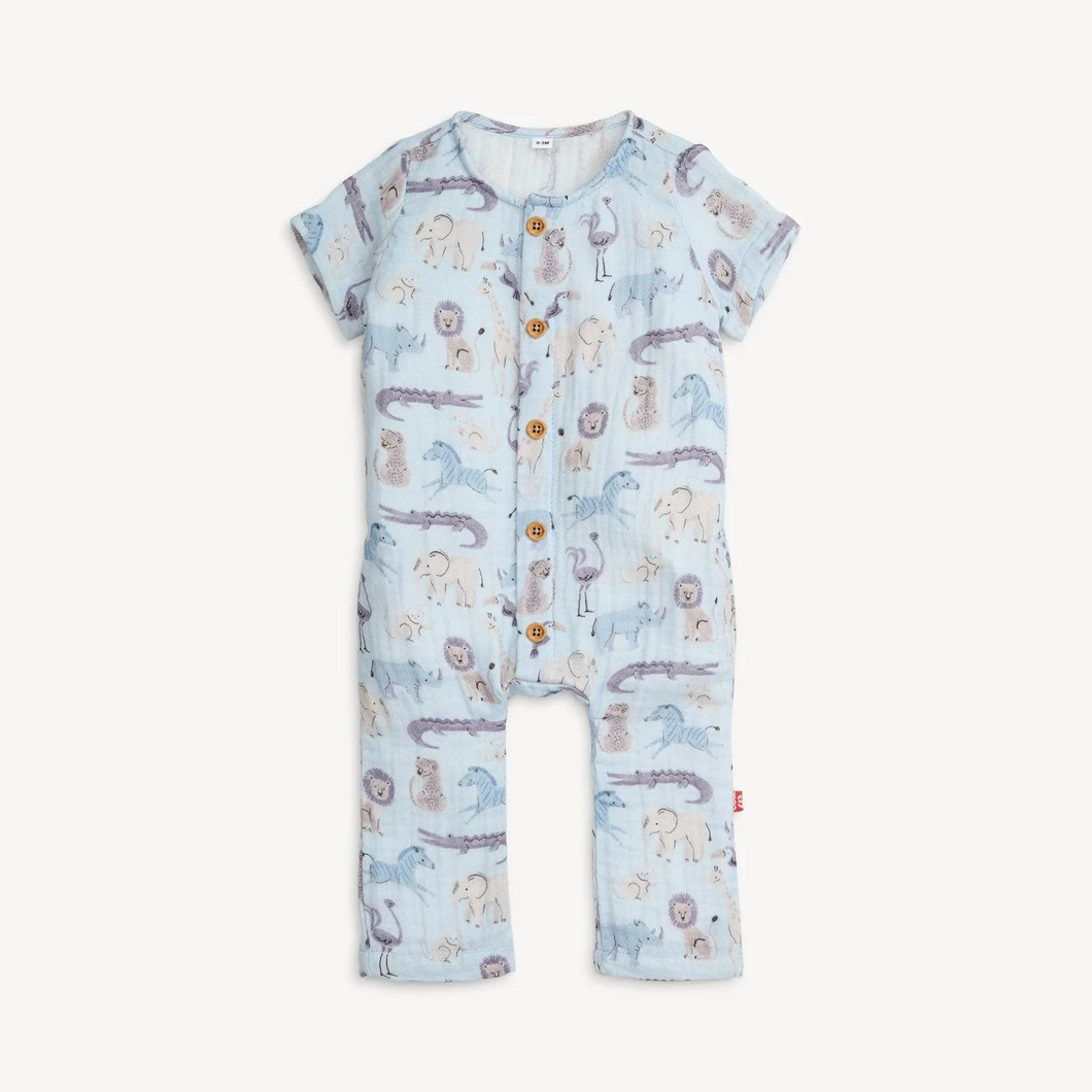 Bring on the warmer temps with this Infant Boy's Jungle Jazz cotton gauze romper, made with magnetic closures that line the front to ensure quick and quiet changes. Made from soft, breathable cotton gauze, our jumpsuit is designed to keep baby cool on warm, and even the hottest, summer days. Cute faux buttons are added to make this laidback playwear essential look put together.

Cotton crinkle gauze: three layers woven to create light-as-air softness + ultimate breathability. 
SewSafe™ magnetic closure