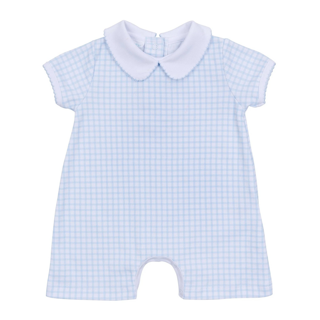 Introduce your little one to effortless elegance with the Magnolia Baby Peek-A-Boo Wishes Collared Short Playsuit in light blue. Crafted from sumptuous Pima cotton, this charming piece features delicate picot trim and a subtle check pattern that captures sunny day sophistication. The refined design provides the perfect foundation for personalization—add a monogram or embroidery to make it his!
