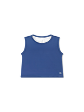 Load image into Gallery viewer, Maggie Mid Rise Top in Baton Rouge Blue from Set Athletics is a mid rise top that hits right at her waist. This athletic top pairs perfectly with coordinating leggings and the Zoe Skort! Perfect look for any activity she sets her mind on this fall.
